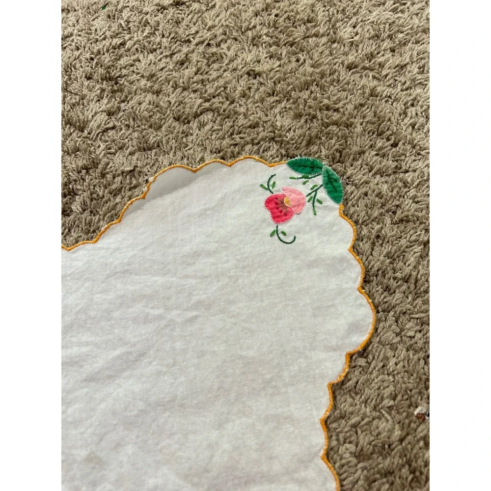 Vintage Hand Embroidered Floral Linen Napkin Table Mat Tea Party Coquette Vanity